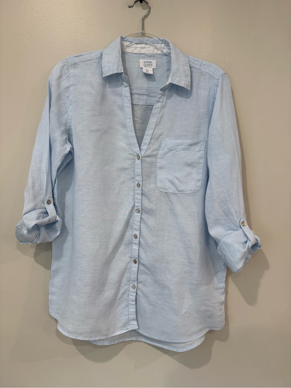 Sigrid Olsen 100% Linen Light Blue Roll Tab Button Down Shirt